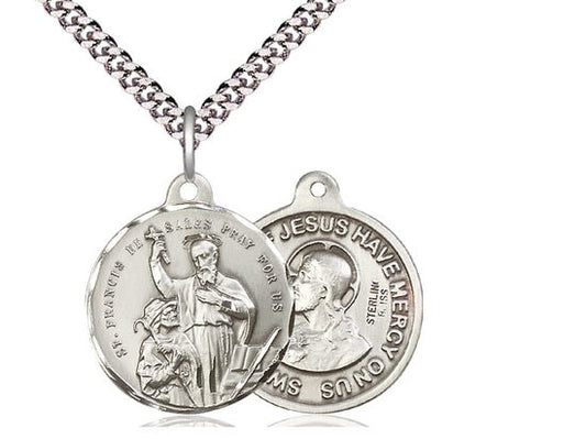 Saint Francis de Sales / Sacred Heart of Jesus Sterling Silver Pendant on a 24 inch Light Rhodium Heavy Curb Chain.