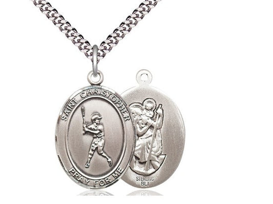 St Christopher Baseball Sterling Silver Pendant on a 24 inch Light Rhodium Heavy Curb Chain.