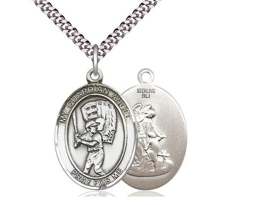Guardian Angel Baseball Sterling Silver Pendant on a 24 inch Light Rhodium Heavy Curb Chain.