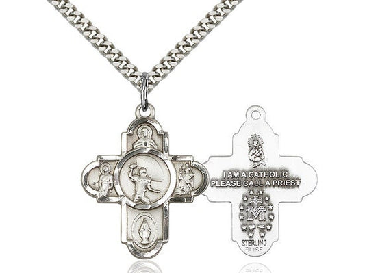 5-Way Football Sterling Silver Pendant on a 24 inch Light Rhodium Heavy Curb Chain.