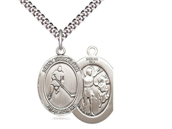 St Sebastian Ice Hockey Sterling Silver Pendant on a 24 inch Light Rhodium Heavy Curb Chain.