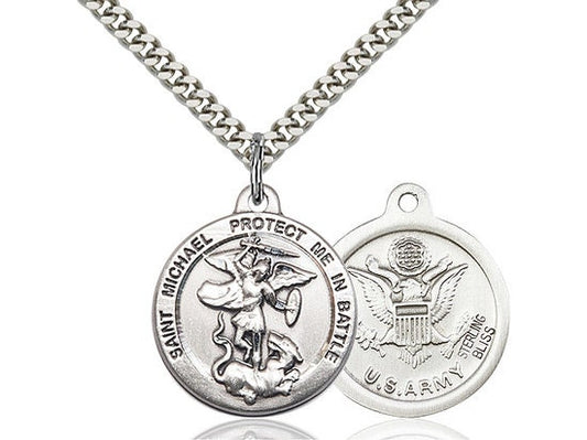 St Michael Army Sterling Silver Pendant on a 24 inch Light Rhodium Heavy Curb Chain.