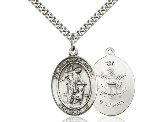 Guardian Angel Army Sterling Silver Pendant on a 24 inch Light Rhodium Heavy Curb Chain.