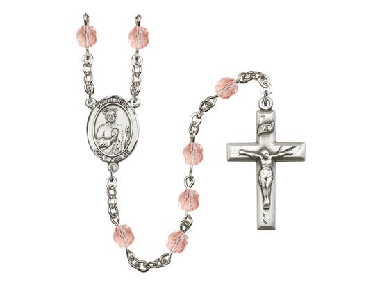 St. Jude Thaddeus Center Hand Made Silver Plate Rosary with 6mm Fire Polished Pink Beads