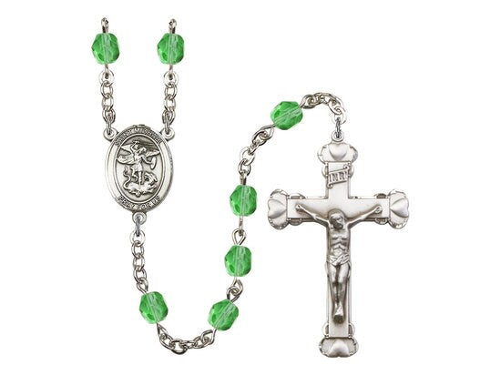 St. Michael the Archangel Center Hand Made Silver Plate Rosary with 6mm Fire Polished Peridot Beads