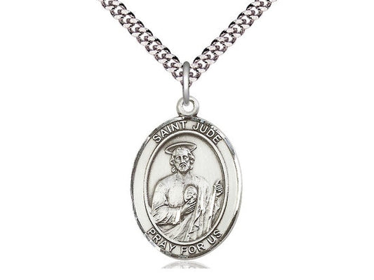 St Jude Sterling Silver Pendant on a 24 inch Light Rhodium Heavy Curb Chain.