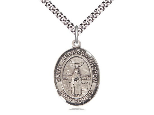St Medard of Noyon Sterling Silver Pendant on a 24 inch Light Rhodium Heavy Curb Chain.