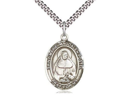Marie Magdalen Postel Sterling Silver Pendant on a 24 inch Light Rhodium Heavy Curb Chain.