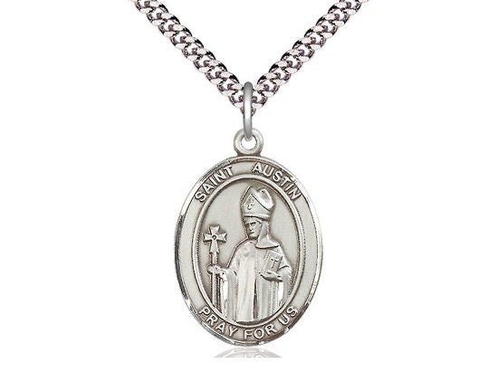 St Austin Sterling Silver Pendant on a 24 inch Light Rhodium Heavy Curb Chain.