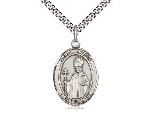 St Austin Sterling Silver Pendant on a 24 inch Light Rhodium Heavy Curb Chain.