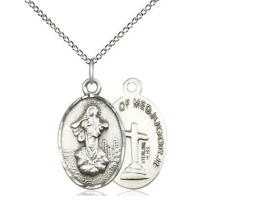 Our Lady of Medugorje Sterling Silver Pendant on a 18 inch Sterling Silver Light Curb Chain.