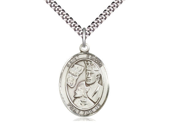 St Edwin Sterling Silver Pendant on a 24 inch Light Rhodium Heavy Curb Chain.