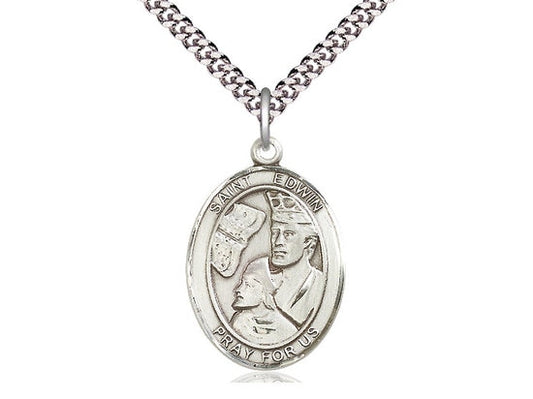 St Edwin Sterling Silver Pendant on a 24 inch Light Rhodium Heavy Curb Chain.