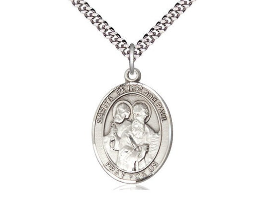St Peter & St Paul Sterling Silver Pendant on a 24 inch Light Rhodium Heavy Curb Chain.