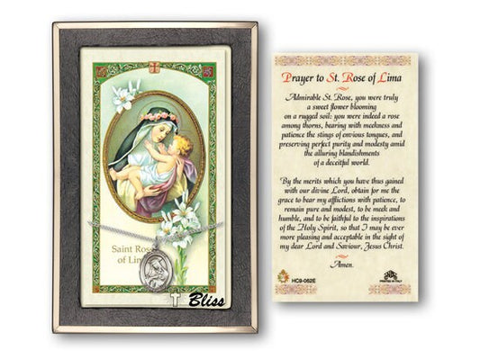 Saint Rose of Lima Medal on a 18 inch Lite Curb Chain with a Prayer to St Rose of Lima Prayer Card.