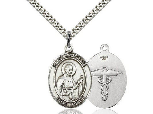 St Camillus of Lellis Nurse Sterling Silver Pendant  on a 24 inch Light Rhodium Heavy Curb Chain.