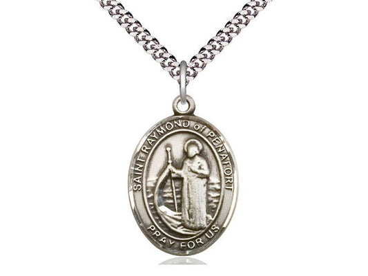 St Raymond of Penafort Sterling Silver Pendant on a 24 inch Light Rhodium Heavy Curb Chain.