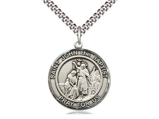 St John the Baptist Sterling Silver Pendant on a 24 inch Light Rhodium Heavy Curb Chain.