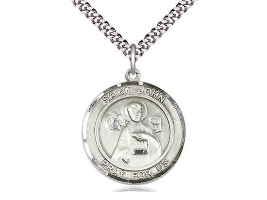 St John the Apostle  Sterling Silver Pendant on a 24 inch Light Rhodium Heavy Curb Chain.