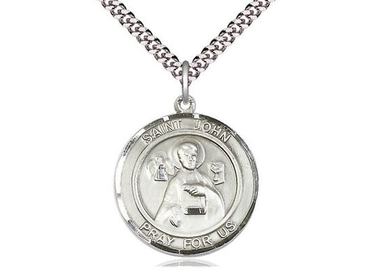 St John the Apostle  Sterling Silver Pendant on a 24 inch Light Rhodium Heavy Curb Chain.