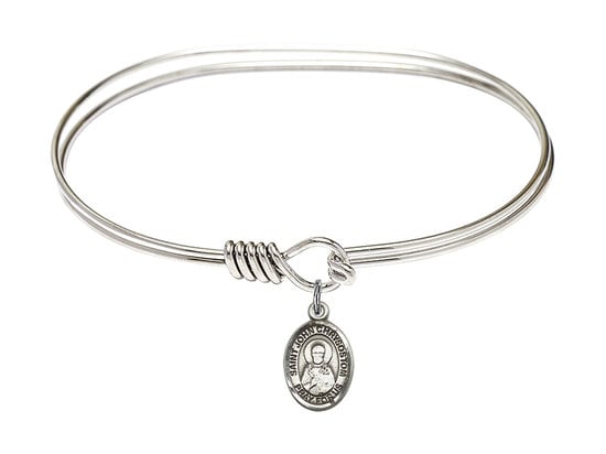 Saint John Chrysostom Sterling Silver Charm on a 7 inch Oval Eye Hook Rhodium Bangle Bracelet