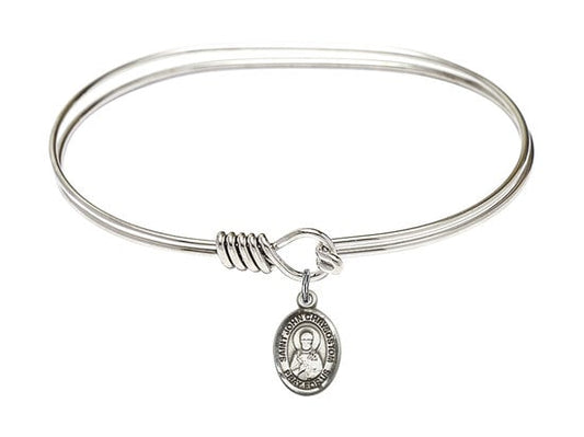 Saint John Chrysostom Sterling Silver Charm on a 7 inch Oval Eye Hook Rhodium Bangle Bracelet