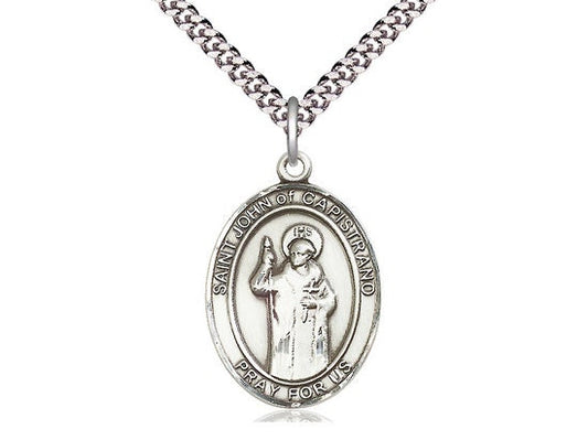 St John of Capistrano Sterling Silver Pendant  on a 24 inch Light Rhodium Heavy Curb Chain.