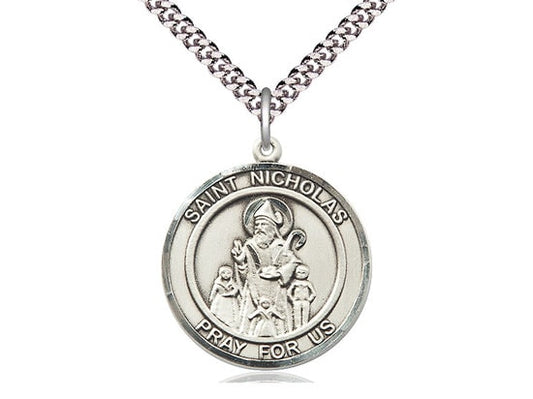 St Nicholas Sterling Silver Pendant on a 24 inch Light Rhodium Heavy Curb Chain.