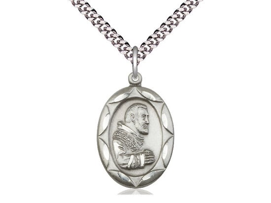 St Pio of Pietrelcina Sterling Silver Pendant on a 24 inch Light Rhodium Heavy Curb Chain.