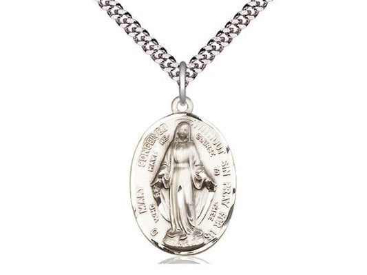 Immaculate Conception Sterling Silver Pendant on a 24 inch Light Rhodium Heavy Curb Chain.