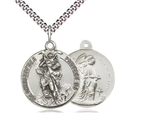 Saint Christopher / Guardian Angel Sterling Silver Pendant on a 24 inch Light Rhodium Heavy Curb Chain.