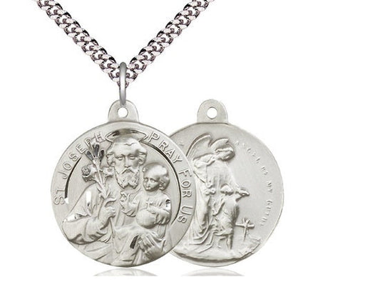 Saint Joseph / Guardian Angel Sterling Silver Pendant on a 24 inch Light Rhodium Heavy Curb Chain.