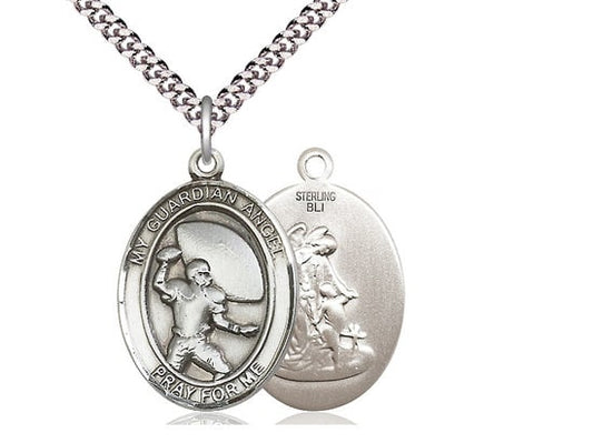 Guardian Angel Football Sterling Silver Pendant on a 24 inch Light Rhodium Heavy Curb Chain.
