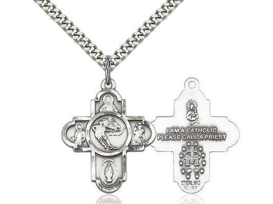 5-Way Ice Hockey Sterling Silver Pendant on a 24 inch Light Rhodium Heavy Curb Chain.