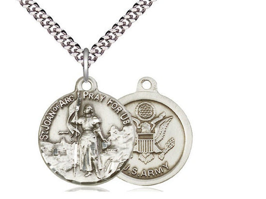 St Joan of Arc Army Sterling Silver Pendant on a 24 inch Light Rhodium Heavy Curb Chain.