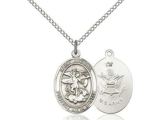 St Michael Army Sterling Silver Pendant on a 18 inch Sterling Silver Light Curb Chain.