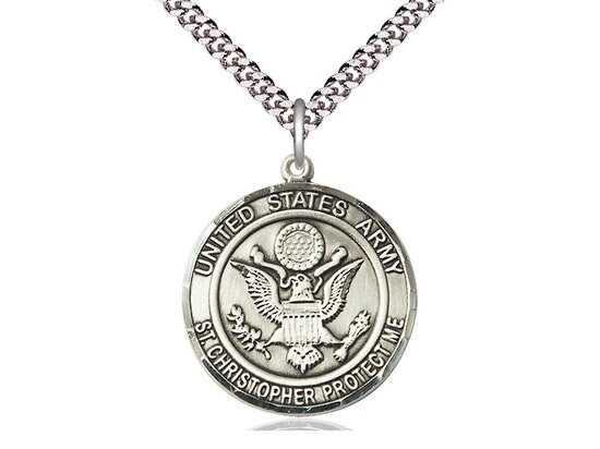Army St Christopher Sterling Silver Pendant on a 24 inch Light Rhodium Heavy Curb Chain.
