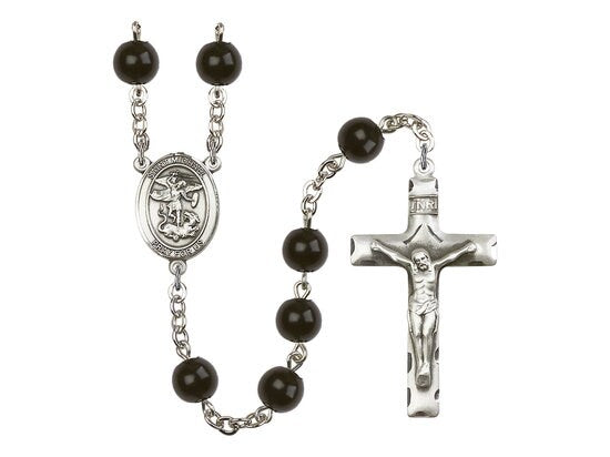 St. Michael the Archangel Center Hand Made Silver Plate Rosary with 7mm Black Onyx Beads