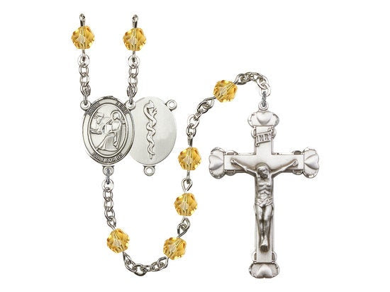 St. Luke the Apostle / Doctor Center Hand Made Silver Plate Rosary with 6mm Fire Polished Topaz Beads