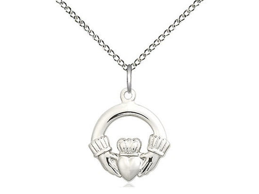 Claddagh Sterling Silver Pendant on a 18 inch Sterling Silver Light Curb Chain.