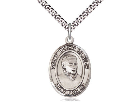 St Peter Claver Sterling Silver Pendant on a 24 inch Light Rhodium Heavy Curb Chain.