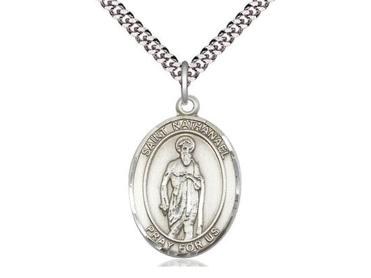 St Nathanael Sterling Silver Pendant on a 24 inch Light Rhodium Heavy Curb Chain.