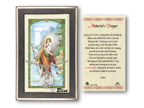 Saint Christopher Medal on a 24 inch Heavy Curb Chain with a Motorists Prayer to St Christopher Prayer Card.