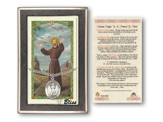 Saint Francis of Assisi Medal on a 24 inch Heavy Curb Chain with a Novena to St Francis of Assisi Prayer Card.