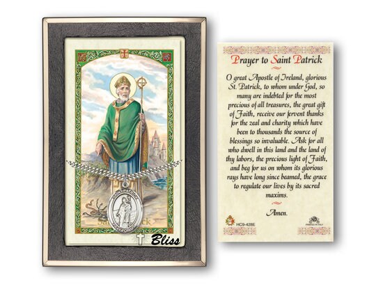 Saint Patrick Medal on a 24 inch Heavy Curb Chain with a Prayer to St Patrick Prayer Card.