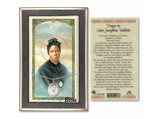 Saint Josephine Bakhita Medal on a 18 inch Lite Curb Chain with a Prayer to Saint Josephine Bakhita Prayer Card.