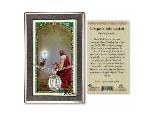 Saint Hubert of Liege Medal on a 24 inch Heavy Curb Chain with a Prayer to Saint Hubert Prayer Card.