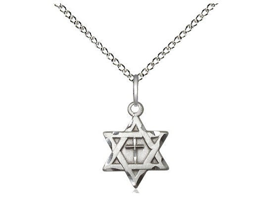 Star of David w/ Cross Sterling Silver Pendant on a 18 inch Sterling Silver Light Curb Chain.