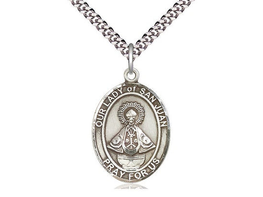 Our Lady of San Juan Sterling Silver Pendant on a 24 inch Light Rhodium Heavy Curb Chain.