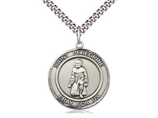 St Peregrine Sterling Silver Pendant on a 24 inch Light Rhodium Heavy Curb Chain.